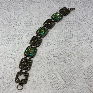 Antique brass tone bejeweled square links sparkling costume statement bracelet.